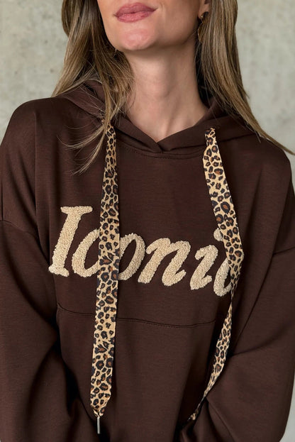 Dark Brown Iconic Lettering Graphic Hooded Sweatshirt
