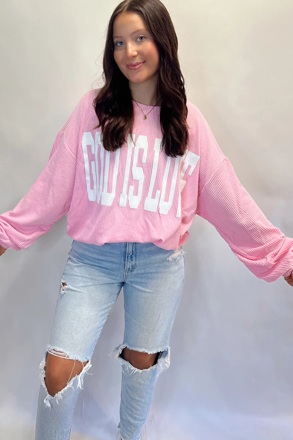 Pink GOD IS LOVE/ SAVED BY GRACE Letter Print Twisted Ribbed Loose Top