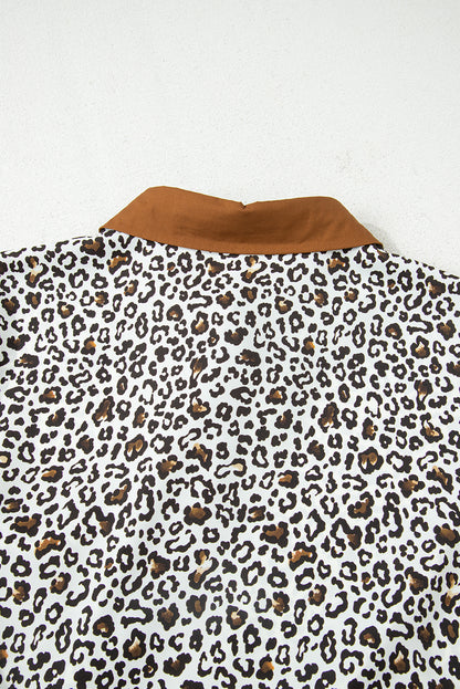 Khaki Plus Size Button V Neck Leopard Print Puff Sleeve Loose Mini Dress
