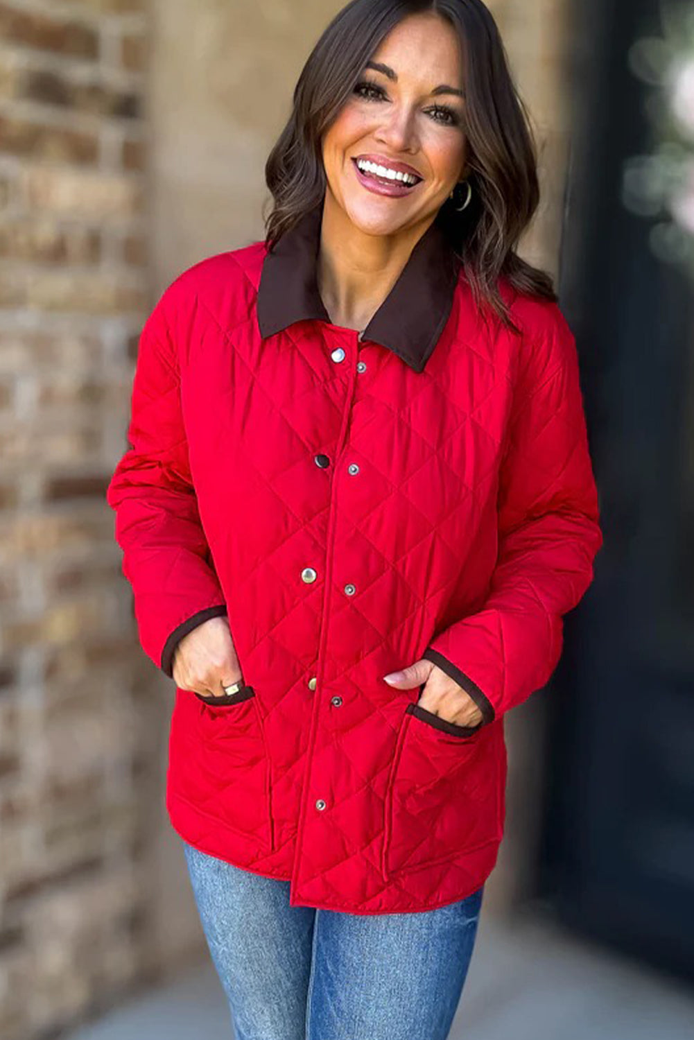 Racing Red Snap Button Quilted Color Block Collar Pocketed Winter Jacket
