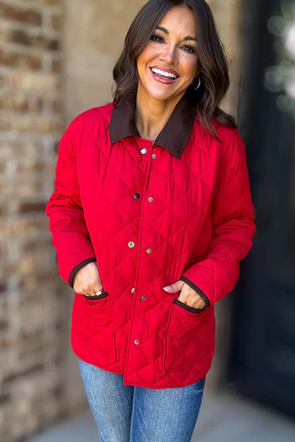 Racing Red Snap Button Quilted Color Block Collar Pocketed Winter Jacket