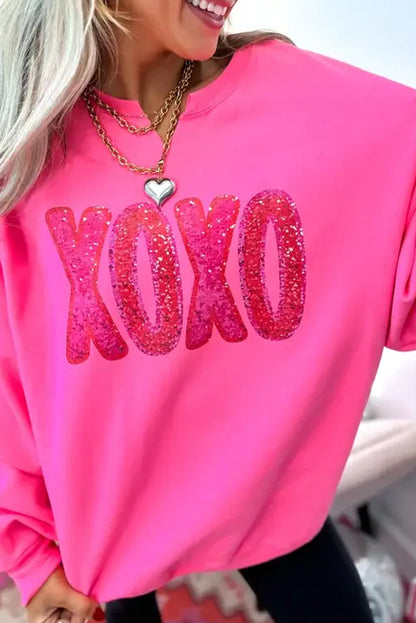 Strawberry Pink XOXO Glitter Graphic Notched Neck Baggy Sweatshirt