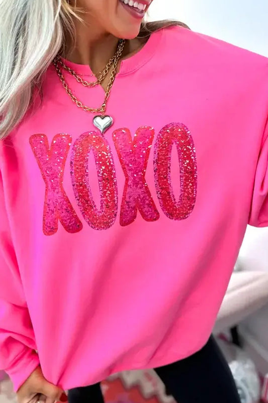 Strawberry Pink XOXO Glitter Graphic Notched Neck Baggy Sweatshirt