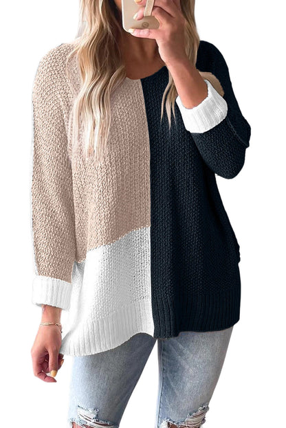 Black Color Block Knit V Neck Loose Sweater
