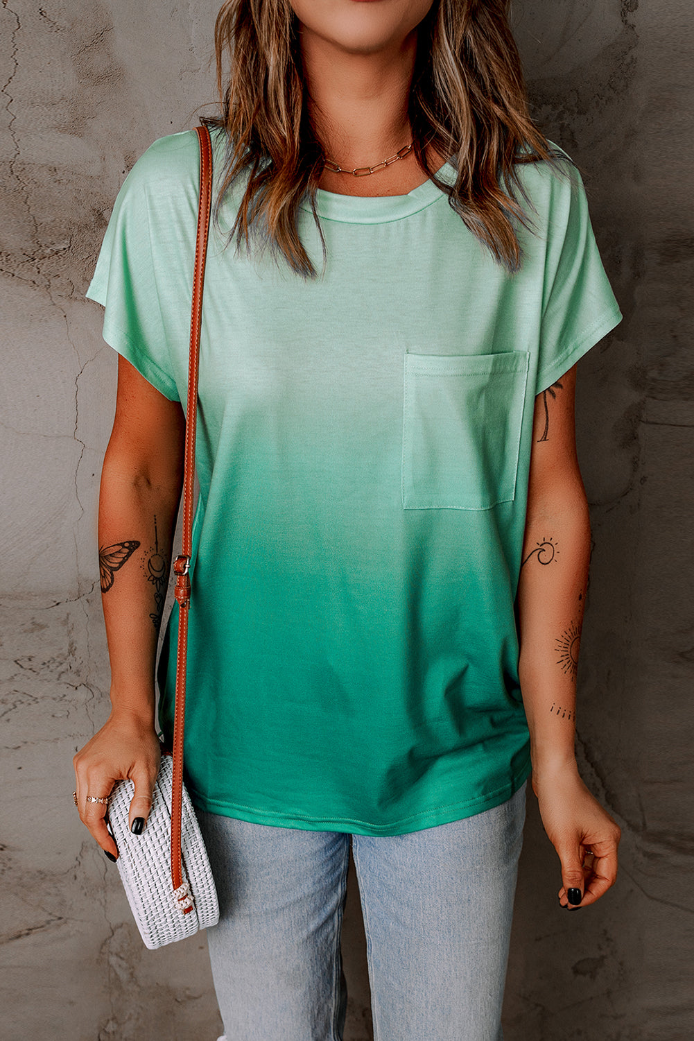 Green Striped Short Sleeve T-Shirt with Pocket and Gradient Color Detail