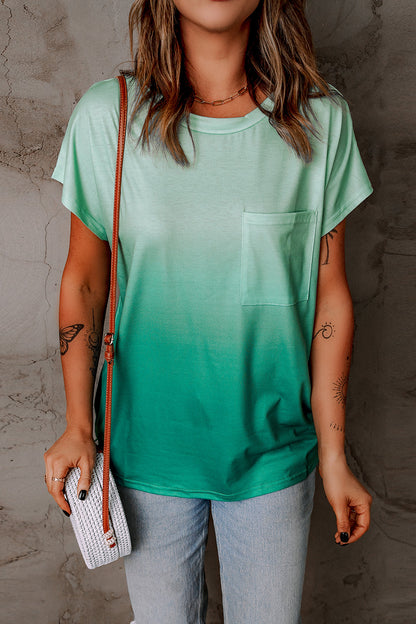 Green Striped Short Sleeve T-Shirt with Pocket and Gradient Color Detail