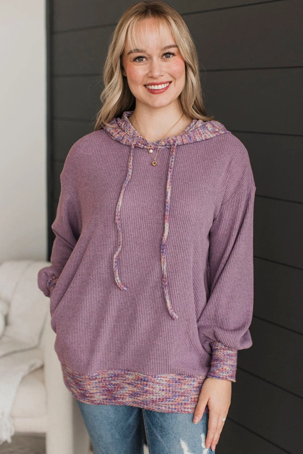 Toadstool Ribbed Texture Contrast Trim Drawstring Hooded Long Sleeve Top