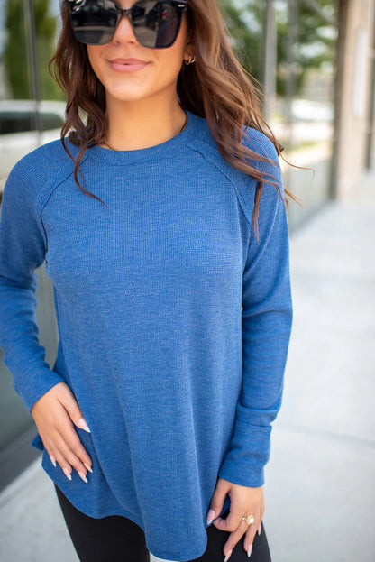Sky Blue Solid Color Thermal Knit Exposed Seam Raglan Sleeve Top