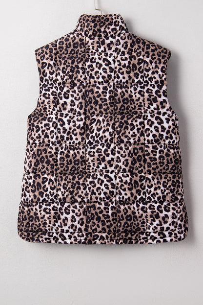 Brown Leopard Quilted Full Zipper Casual Puff Vest