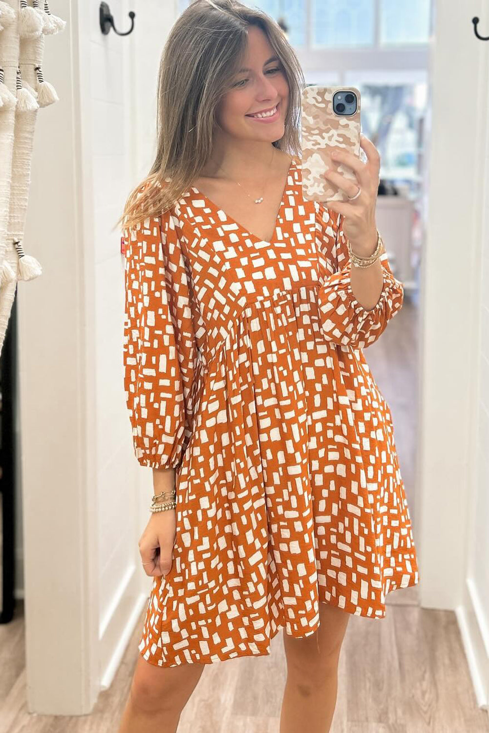 Orange Geometric Pattern Tasseled Lace up V Neck Empire Waist Flowy Short Dress