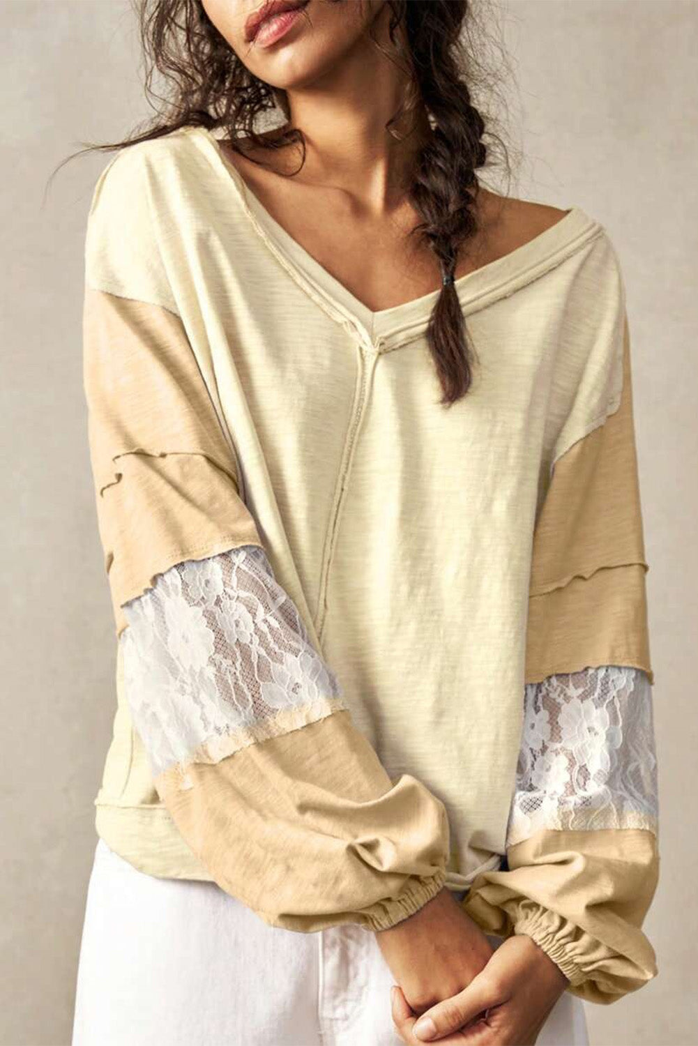 Yellow Cream Exposed Seam Color Block Lace Patchwork Long Sleeve V Neck Loose Top