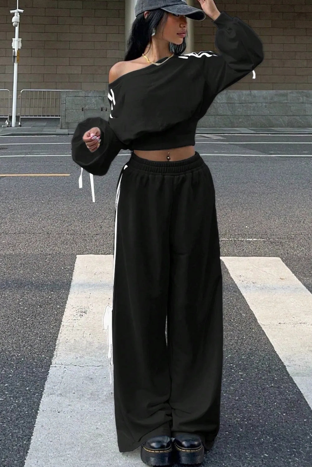 Black Varsity Striped Bow Knot Detail Cropped Top Elastic Waist Pull On Loose Pant Set