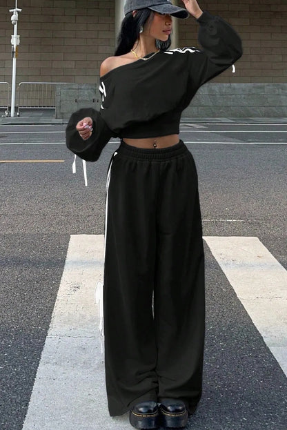 Black Varsity Striped Bow Knot Detail Cropped Top Elastic Waist Pull On Loose Pant Set