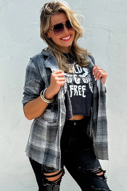 Gray Raw Edge Plaid Open Front Shacket