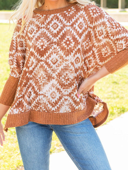 Aztec Print Batwing Sleeve White Blouse with Ribbed Trim