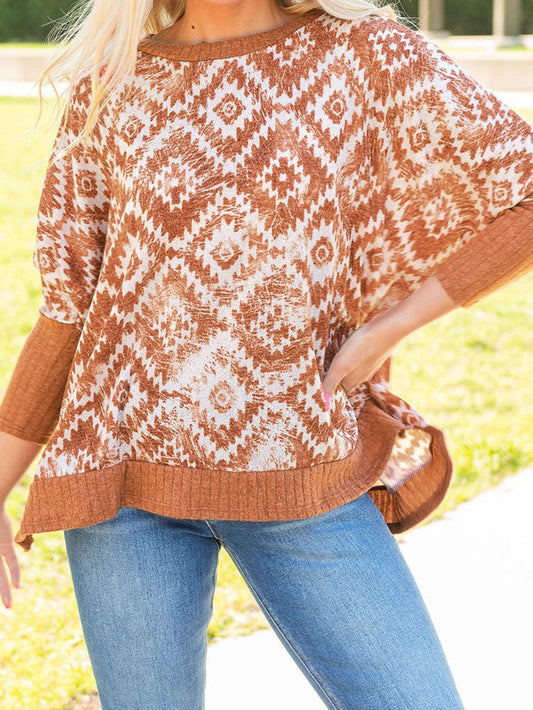 Aztec Print Batwing Sleeve White Blouse with Ribbed Trim