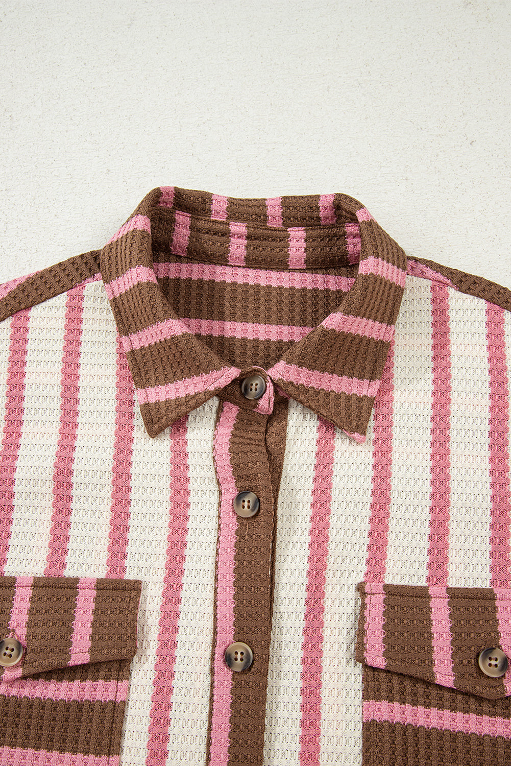 Multicolour Striped Knit Contrast Patchwork Button Flap Pocket Raw Hem Shacket