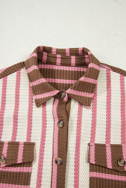 Multicolour Striped Knit Contrast Patchwork Button Flap Pocket Raw Hem Shacket