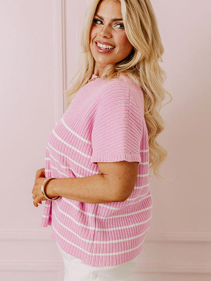 Pink Striped Ribbed Oversized T-Shirt for Plus Size Women