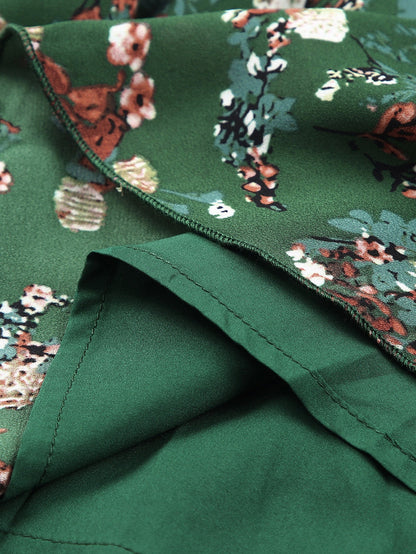 Green Ditsy Floral Peplum Blouse with V-Neck and Long Sleeves