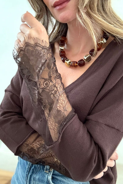 Chicory Coffee lace panel sweater