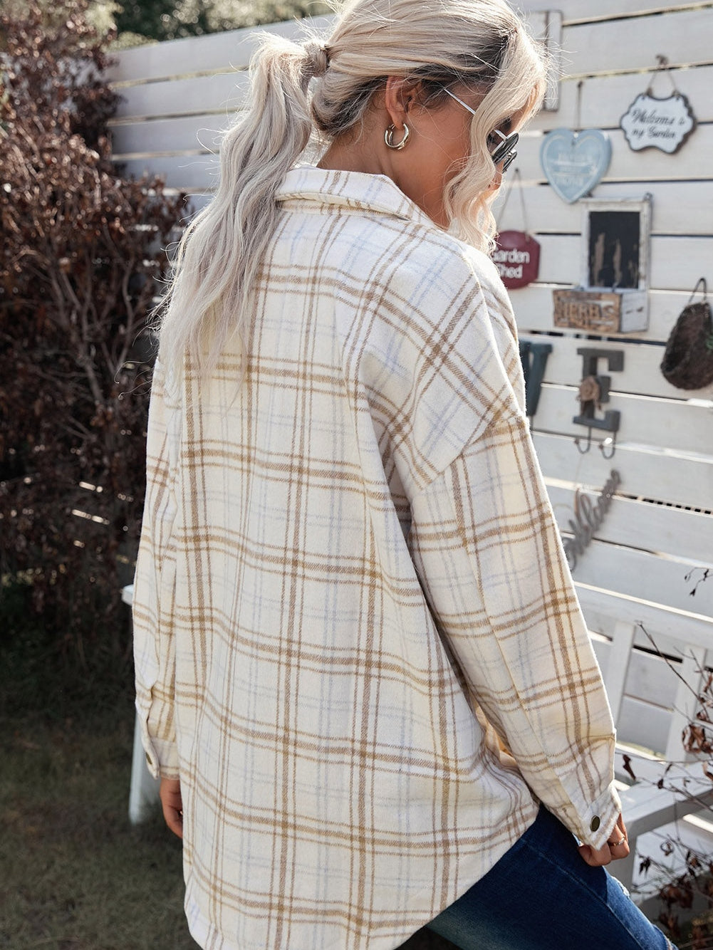 Khaki Plaid Button-Up Shirt Jacket with Side Slits