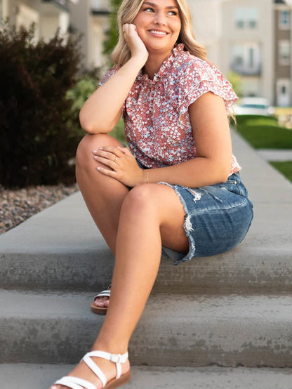 Pink Plus Size Floral Print Ruffled Sleeve Frilled Neck Blouse
