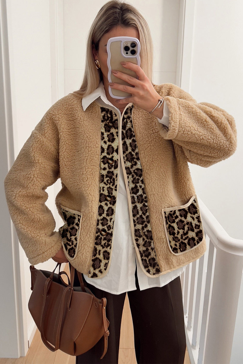 Smoke Gray Leopard Print Accent Plush Jacket with Pockets