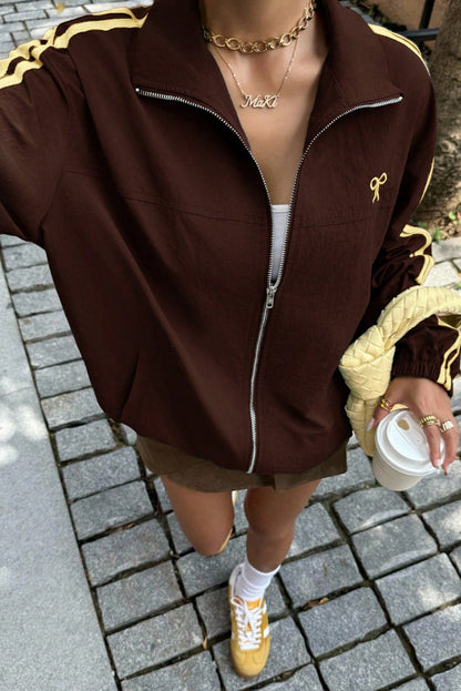 Coffee Bow Embroidered Detail Zip Up Sweatshirt Womens Jacket