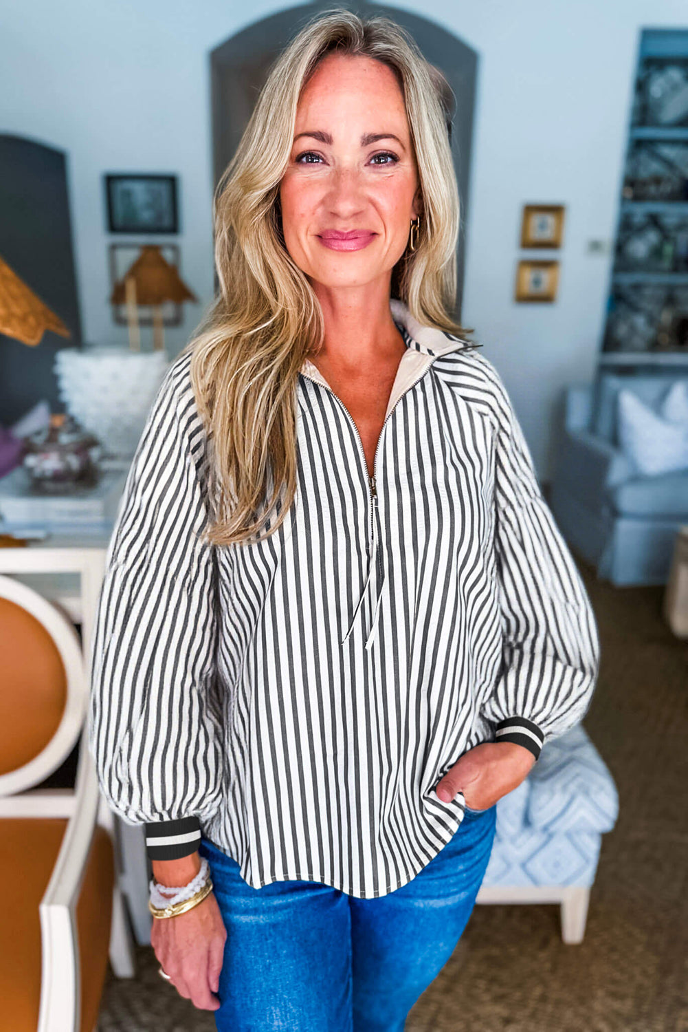 Black Stripe Tie Zip Contrast Trim Long Puff Sleeve Blouse