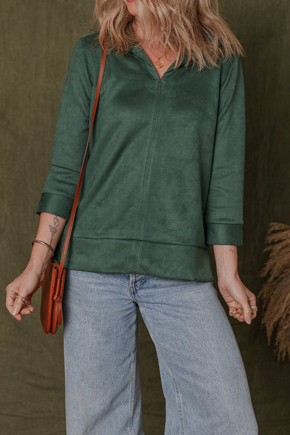 Evergreen Central Seam Detail 3/4 Sleeve Split Neck Top