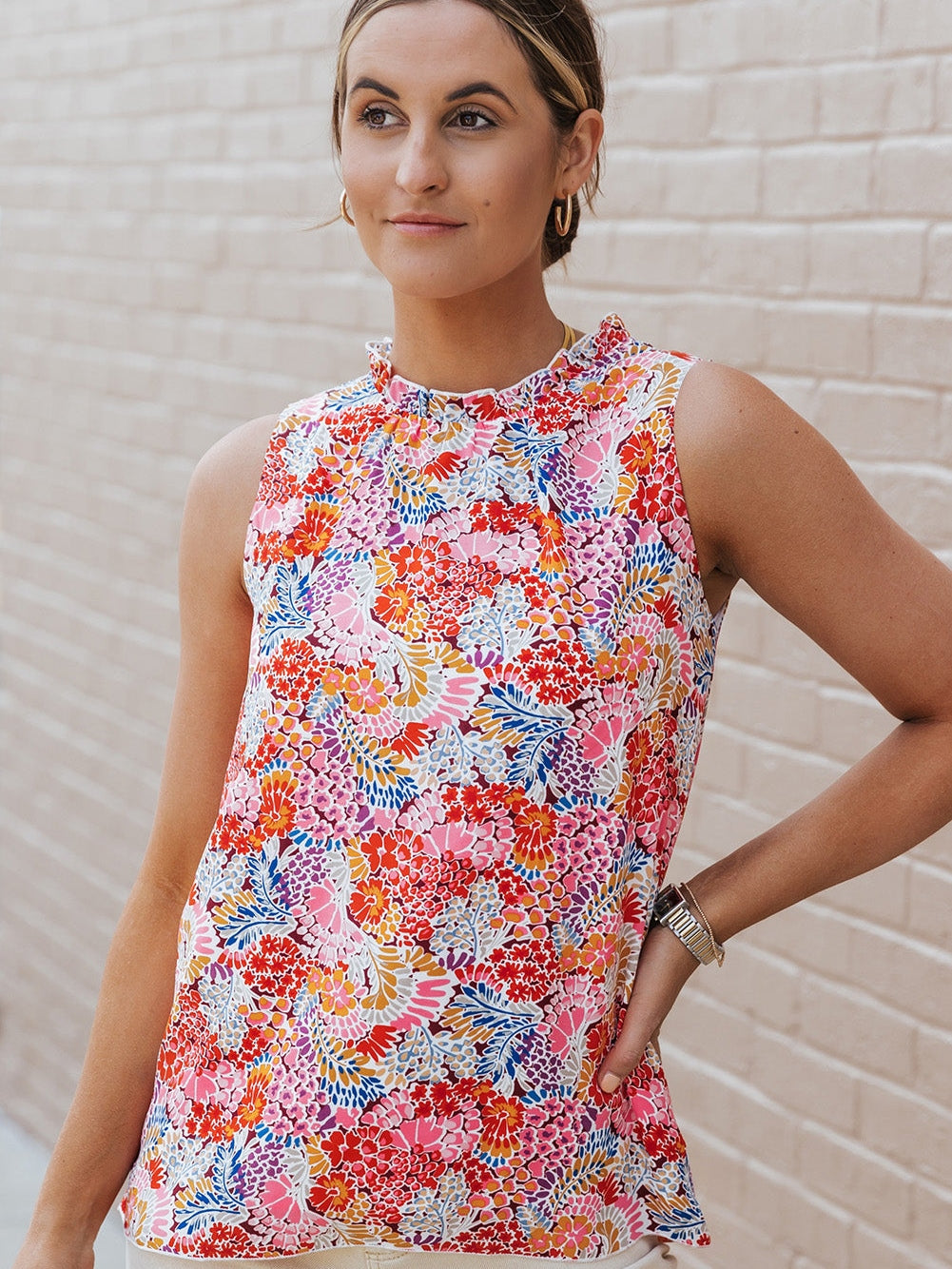 Floral Pink Sleeveless Ruffle Tank Top