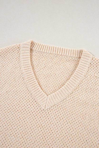 Parchment Loose Eyelet V Neck Drop Shoulder Sweater