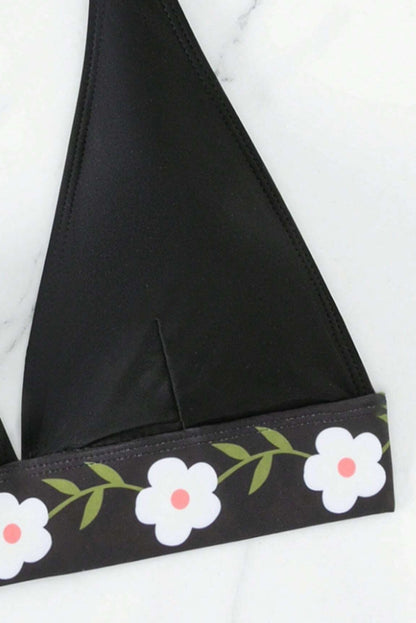 Elegant Black Floral Embroidered Halter Bikini