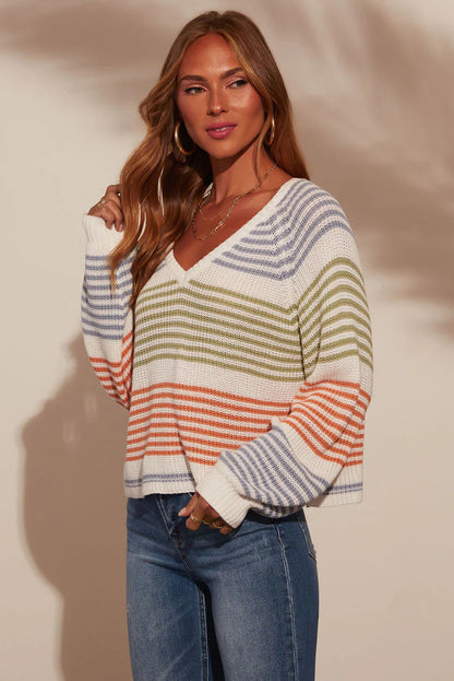 Multicolour Striped Print Raglan Sleeve V Neck Sweater