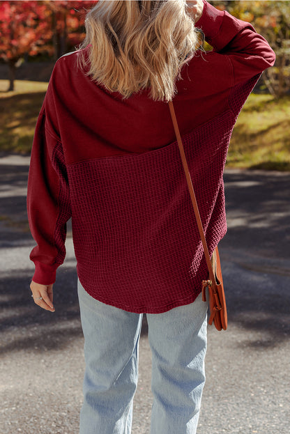 Red Dahlia Waffle Knit Patchwork Half Zipped Casual Sweatshirt