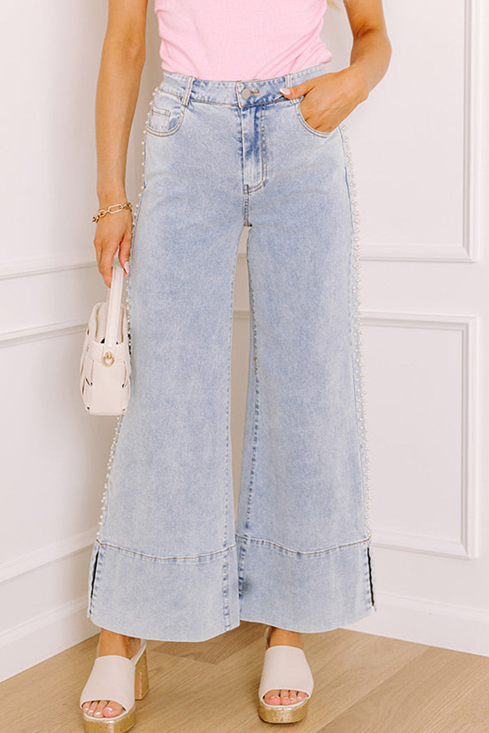 Beau Blue Mid Rise Pearl Embellished Split Wide Leg Jeans