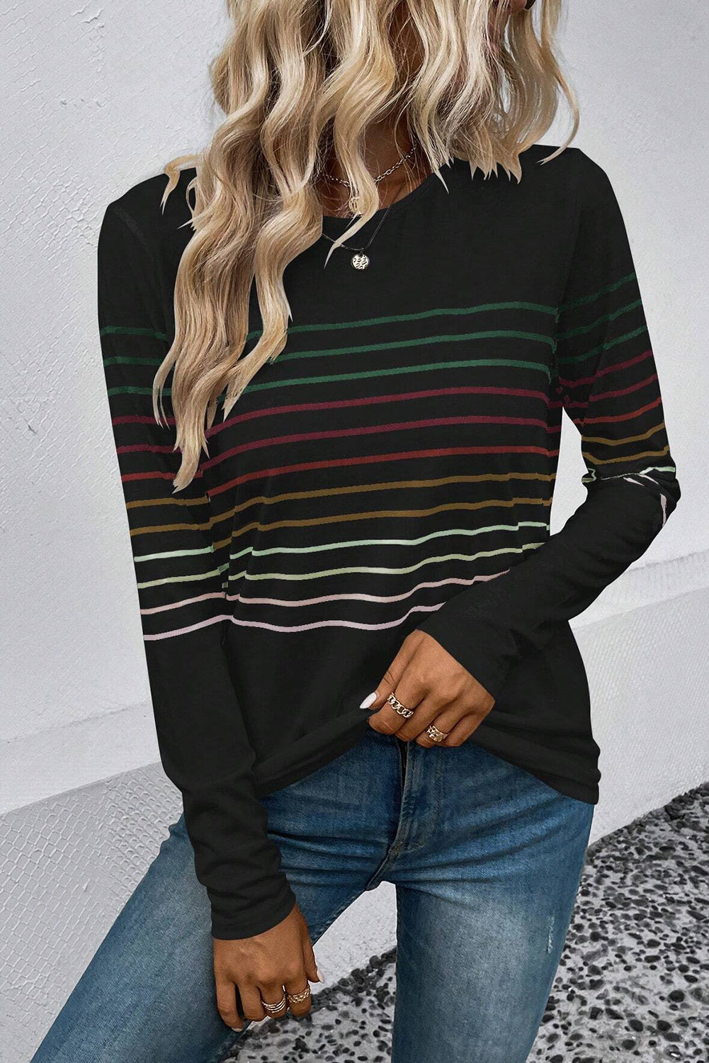 Black Colorful Striped Round Neck Long Sleeve Top