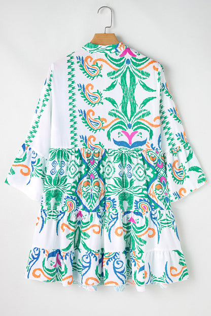 Green Tribal Bracelet Sleeve Buttoned Mini Dress