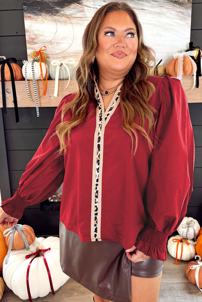 Racing Red Plus Size Leopard Trim V Neck Long Puff Sleeve Blouse