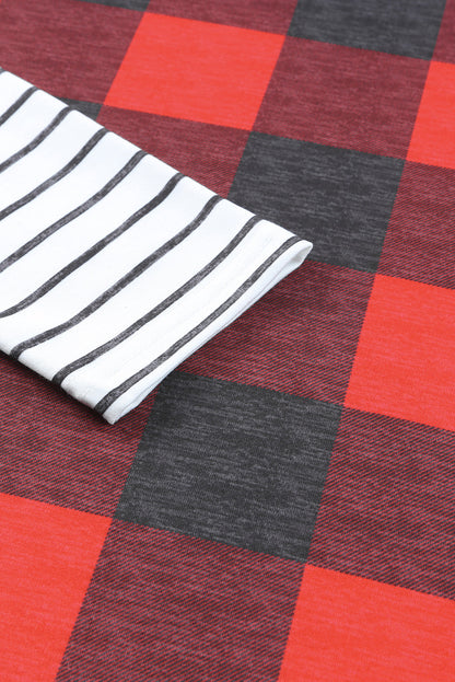 Fiery Red Christmas Plaid Striped Hooded Patchwork Sweatshirt