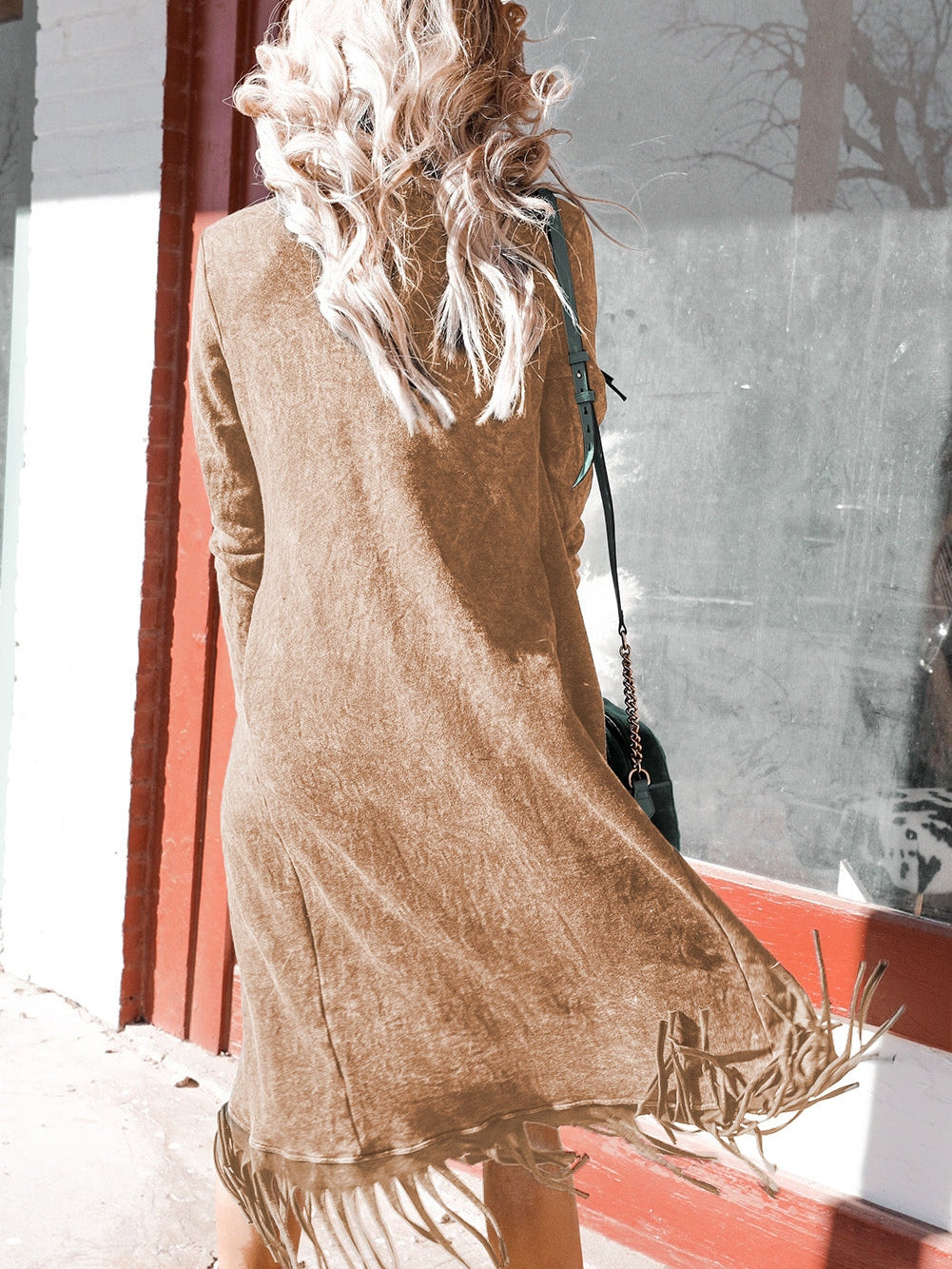 French Beige Fringe Hem Cardigan with Pockets