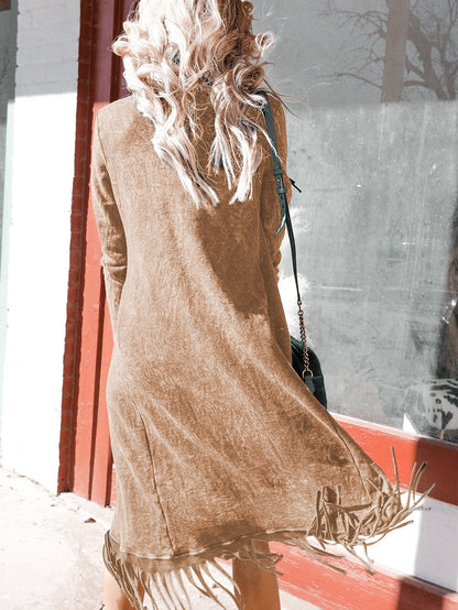 French Beige Fringe Hem Cardigan with Pockets
