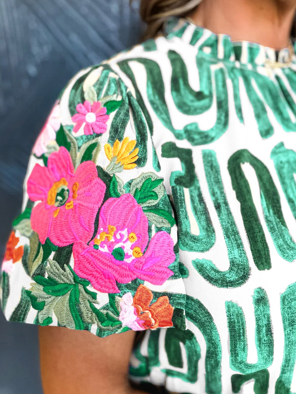 Green Floral Embroidered Puff Sleeve Frilled Neck Shift Top