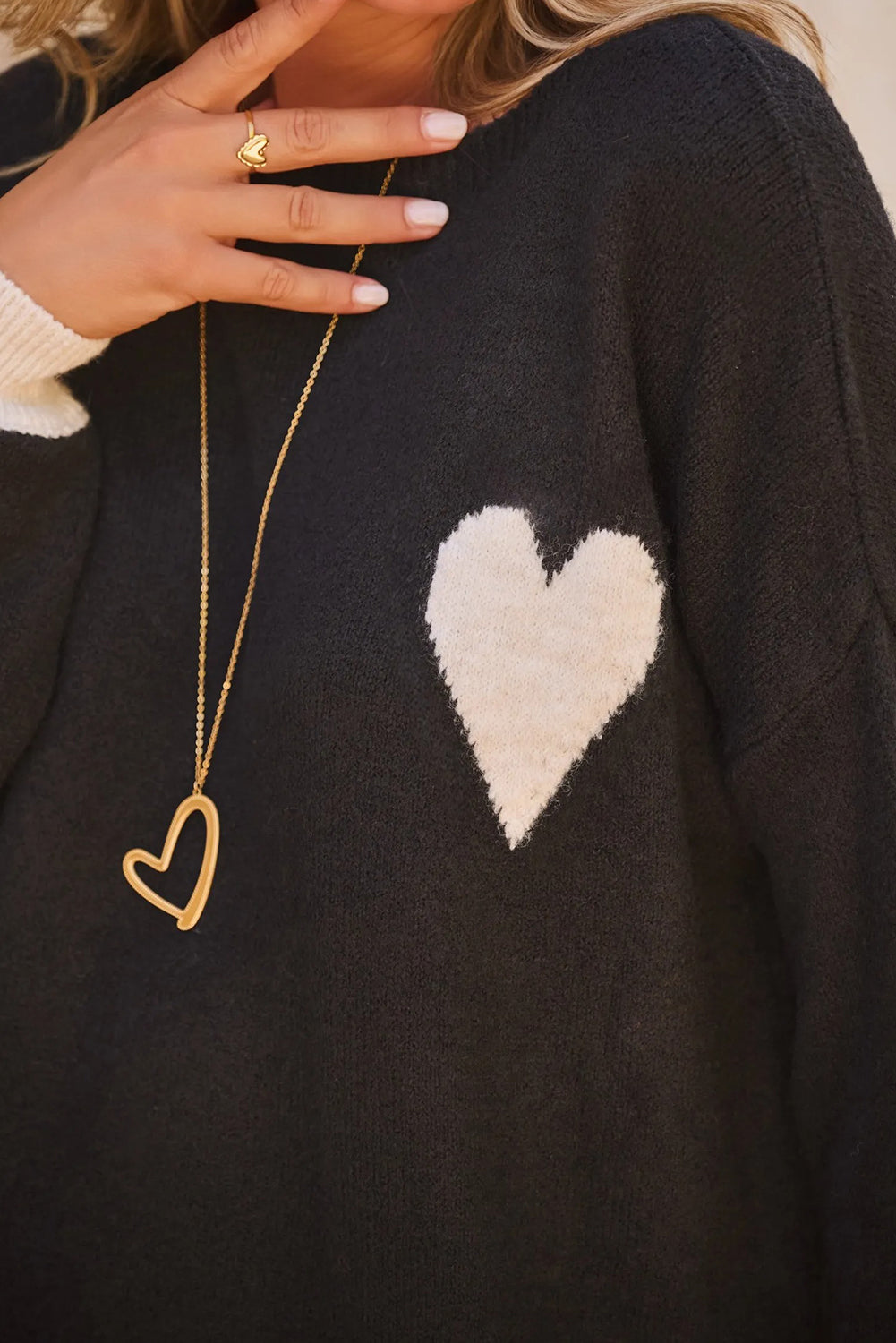 Black Heart Chest Contrast Cuffs Baggy Sweater