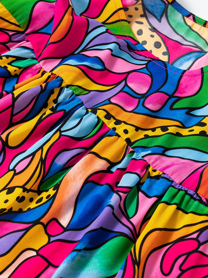 Rose Abstract Print Frilly Trim Blouse for Plus Size Women