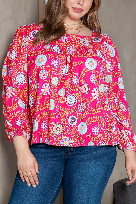 Pink Floral Square Neck Plus Size Blouse