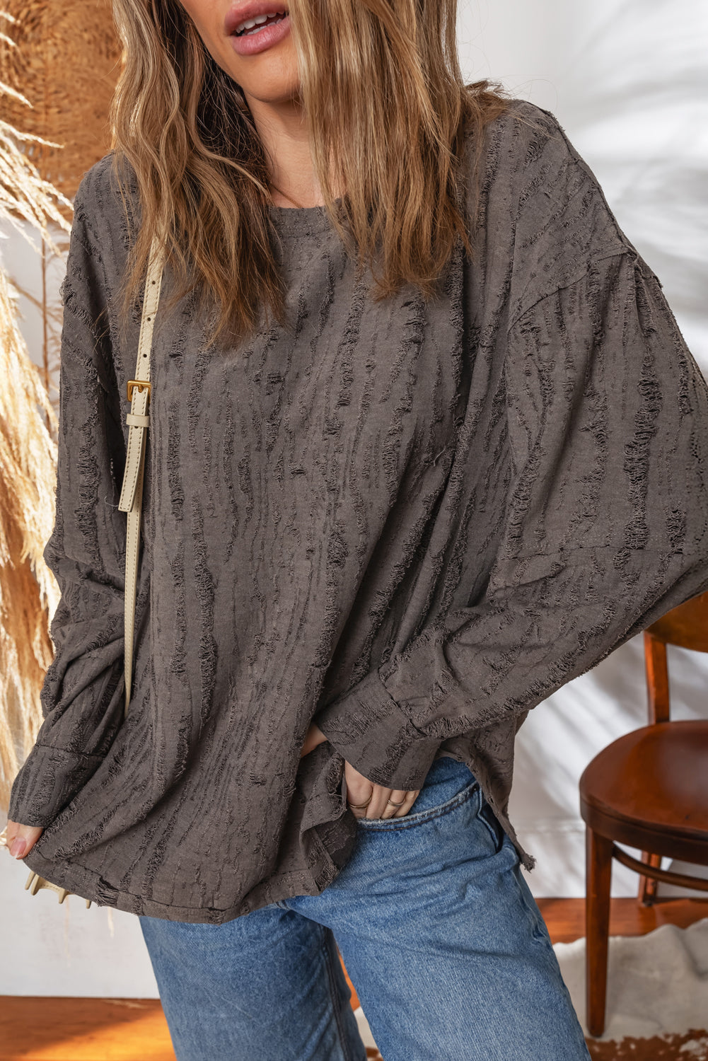 Dark Brown Distressed Drop Shoulder Loose Long Sleeve Tee