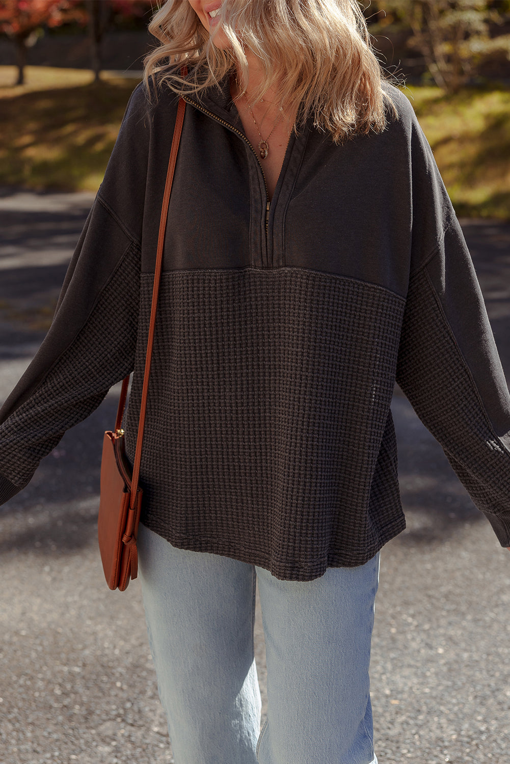 Carbon Grey Waffle Knit Patchwork Half Zipped Casual Sweatshirt