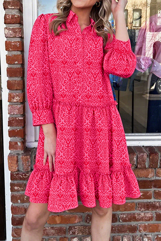 Pink Bohemian Print Shirt Collar Long Sleeve Frilled Ruffle Hem Mini Dress
